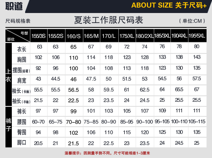 工作服的尺寸尺碼表